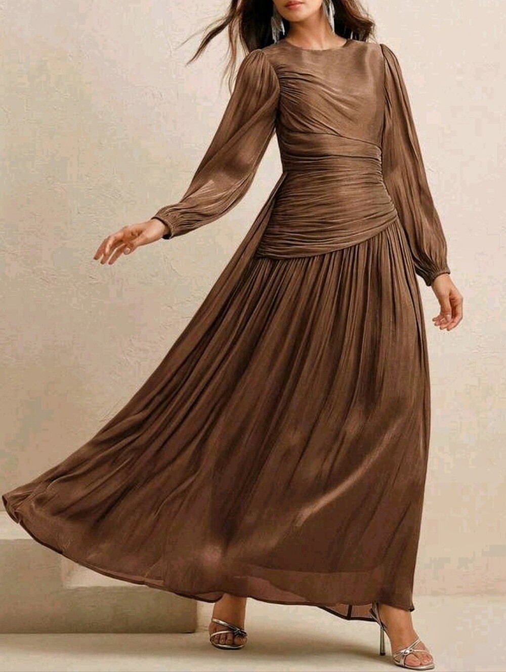 New Brown Gold Maxi Dress Long Sleeve Ruched Waist Metallic